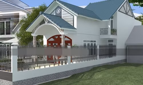 Nhà ống gác lửng mái thái có sân đậu xe và tiểu cảnh. Ảnh: Maunhadep.