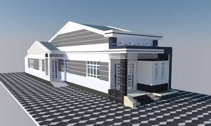 Nhà được thiết kế thêm gác lửng, mặt bằng tầng 1 bố trí phòng khách, phòng ăn + bếp. Ảnh: Khoevadep.