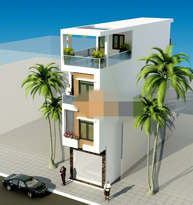 Mẫu nhà phố 4 tầng hiện đại tối giản với các mảng hình khối vuông vắn được bố trí linh hoạt. Ảnh: Kientaoviet.