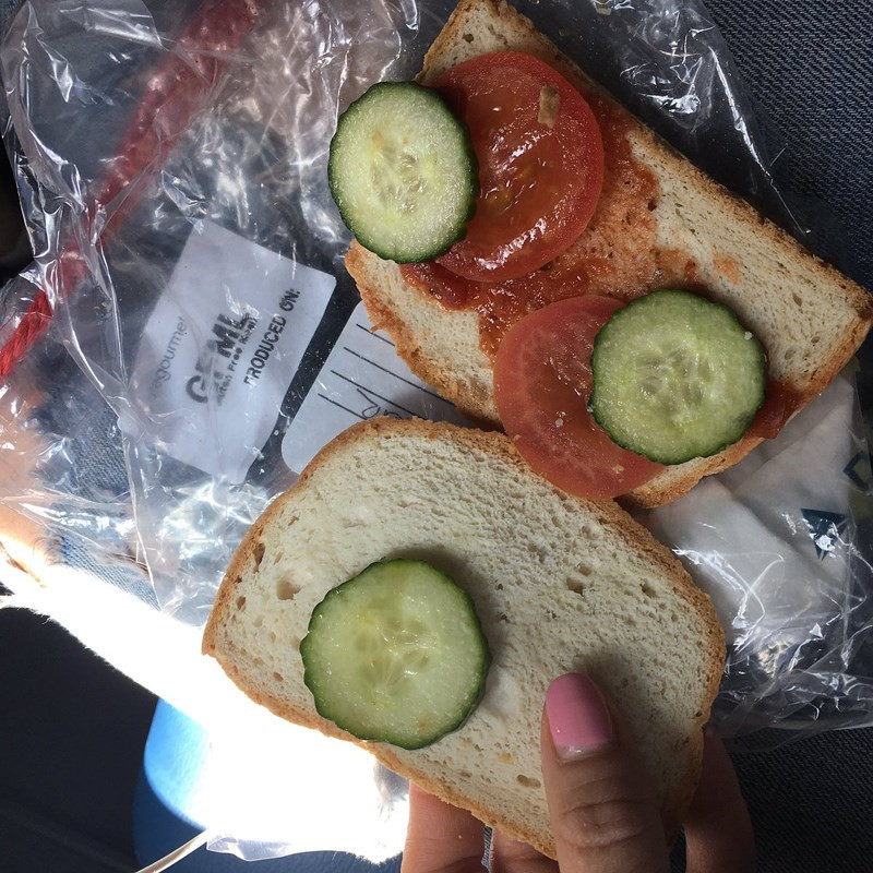 Dù là một thực khách dễ tính, bạn cũng sẽ phải nhăn mặt với món sandwich chay của một hãng bay ở Mỹ. Bánh chỉ gồm hai lát cà chua, hai lát dưa chuột và một chút tương cà.