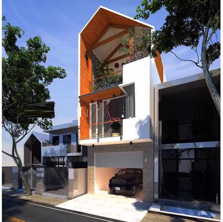 Trên khu đất có diện tích 110m2, gia chủ chừa lại 3m làm sân kết hợp nơi để xe và bài trí tiểu cảnh. Khoảng 2m sân sau nhà làm giếng trời và khoảng thông tầng. Ảnh: Kientaoviet.