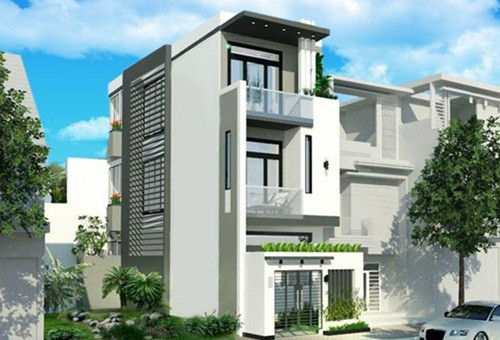  Mẫu nhà phố 3 tầng sử dụng gam màu trắng chủ đạo mang đến vẻ đẹp thân thiện, tươi mới. Cổng sắt thiết kế thoáng, bên trên có ô vuông đất trồng cây cảnh. Ảnh: Arcviet.