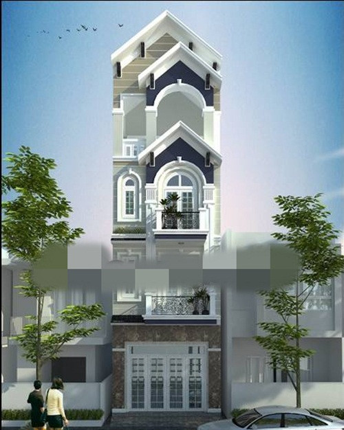 Nhà ống 4 tầng kiểu Pháp thiết kế 3 mái giật cấp kiến trúc độc đáo. Ảnh: Hogiaphat.