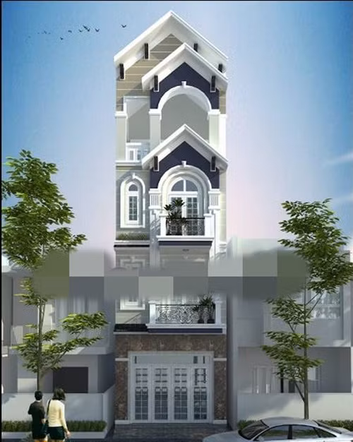 Nhà ống 4 tầng kiểu Pháp thiết kế 3 mái giật cấp kiến trúc độc đáo. Ảnh: Hogiaphat.