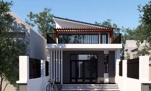 Nhà 1 tầng mái lệch có gác lửng thiết kế với 1 nhà vệ sinh chung, 1 phòng ngủ và 1 phòng thờ. Ảnh: Thietkethicongnhadep.