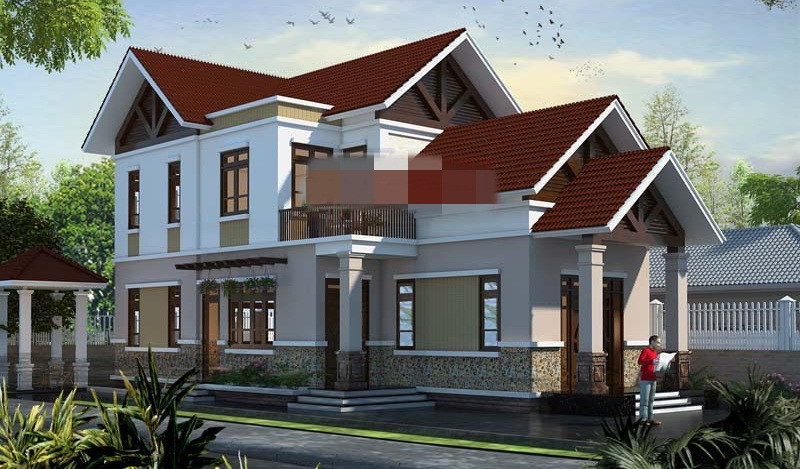 Đây là mẫu thiết kế nhà trệt có gác lửng dạng 1 tầng 1 tum, mái ngói đỏ bắt mắt. Ảnh: Angcovat.