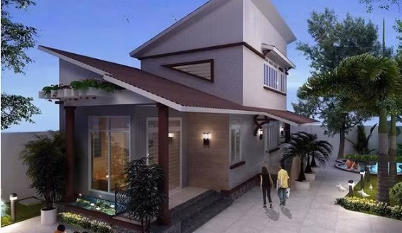 Nhà 1 trệt 1 lửng 2 phòng ngủ phong cách châu Âu phù hợp với gia đình trẻ có không gian sân vườn và hồ bơi thoáng rộng. Ảnh: Thietkenhadepmoi.