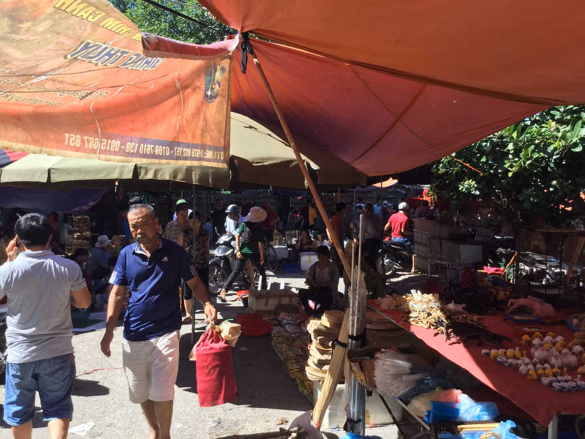 Chợ họp từ 7 giờ đến 12 giờ các ngày 2, 7, 12,17, 22, 27 âm lịch hàng tháng. Ảnh: Anninhthudo.