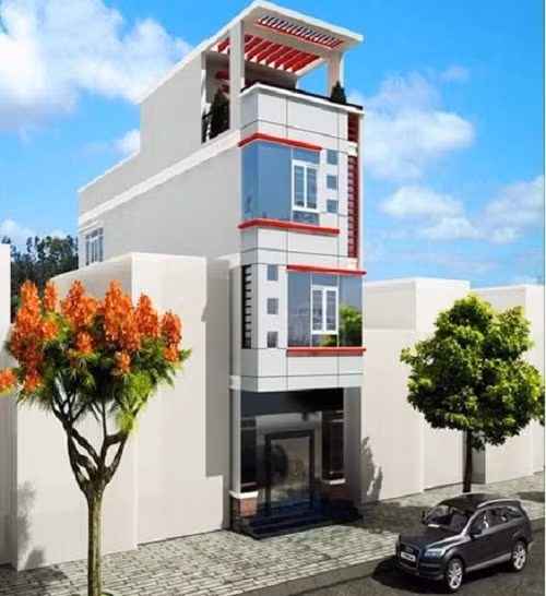 Bằng cách phối thêm sơn màu đỏ ở các chi tiết phụ một cách tinh tế, căn nhà trở nên nổi bật giữa khu phố. Ảnh: Thietkexaynha.