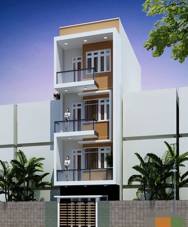 Điểm nhấn bên ngoài mặt tiền nhà phố 4 tầng là vật liệu trang trí hiện đại cùng với sự xuất hiện của các lô gia ban công, cửa sổ, cửa hiên làm bằng kính cường lực và khung nhôm màu đẹp mắt. Ảnh: Maunhadep.