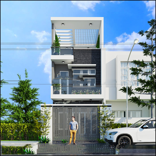 Nét độc đáo của mẫu nhà này là được thiết kế lệch tầng với lan can làm bằng kính cường lực trong suốt cùng cây xanh được trồng xen kẽ tạo cảm giác tươi mát, gần gũi với thiên nhiên. Ảnh: Internet.