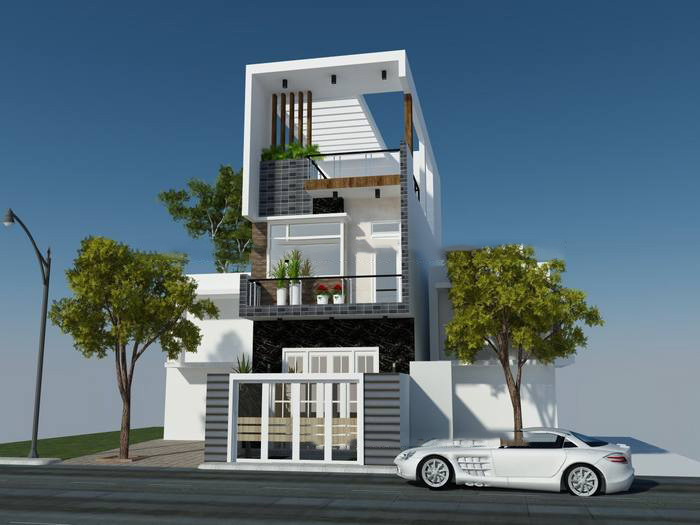 Nhà ống 3 tầng hiện đại thiết kế thoáng mát với ban công sử dụng kính cường lực kết hợp cây xanh. Ảnh: Nhadepktv.