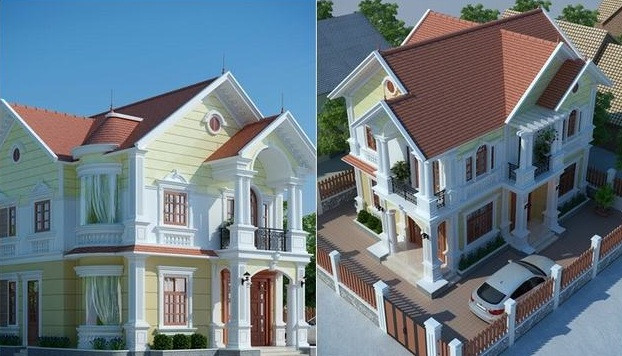 Nhà vườn kiểu Pháp lợp ngói đỏ tươi trên nền sơn xanh lá mạ. Ảnh: Thietkenhadepmoi.