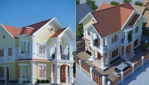 Nhà vườn kiểu Pháp lợp ngói đỏ tươi trên nền sơn xanh lá mạ. Ảnh: Thietkenhadepmoi.