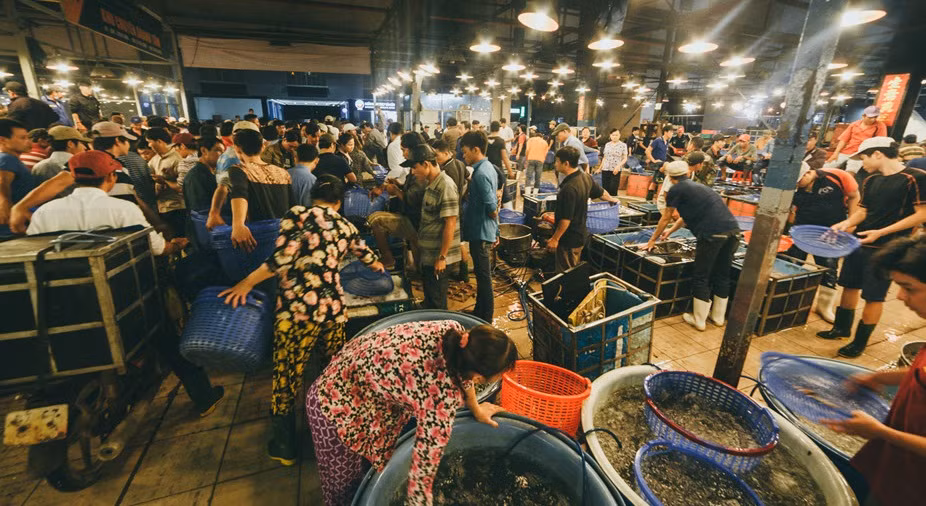 Từ 21h hàng đêm, ôtô tải từ các tỉnh miền Tây, Đông Nam Bộ chở hàng hoá về chợ Bình Điền. Ảnh: Zing.