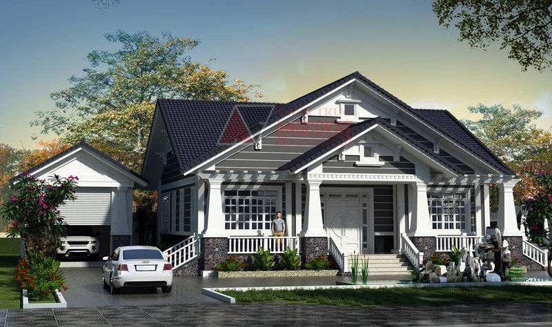 Toàn khối mái thái màu đen sẫm vừa mang vẻ đẹp sang trọng vừa tăng tính bề thế cho biệt thự 1 tầng. Ảnh: Angcovat.