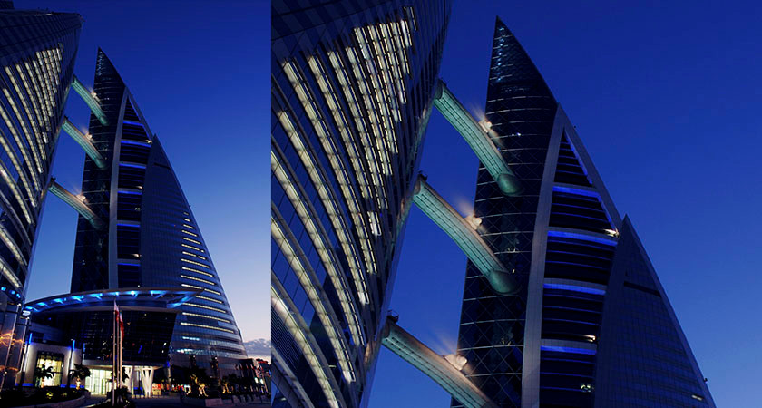 Tòa Trung Tâm thương mại thế giới Bahrain lộng lẫy dưới ánh điện. Ảnh: Lighting Design.