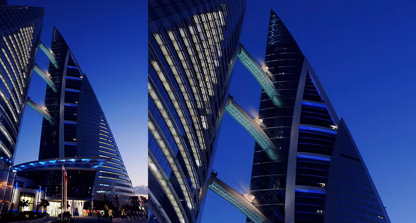 Tòa Trung Tâm thương mại thế giới Bahrain lộng lẫy dưới ánh điện. Ảnh: Lighting Design.
