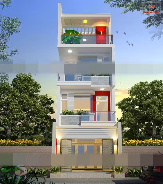 Nhà 4 tầng được thiết kế với tông màu ấn tượng, kiểu dáng độc đáo, gạch kính trang trí đẹp mắt. Ảnh: Kienanvinh.