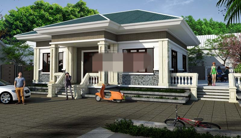 Nhà cấp 4 mái thái tạo ấn tượng với khối kiến trúc khỏe khoắn, in đậm phong cách kiến trúc hiện đại. Ảnh: Angcovat.