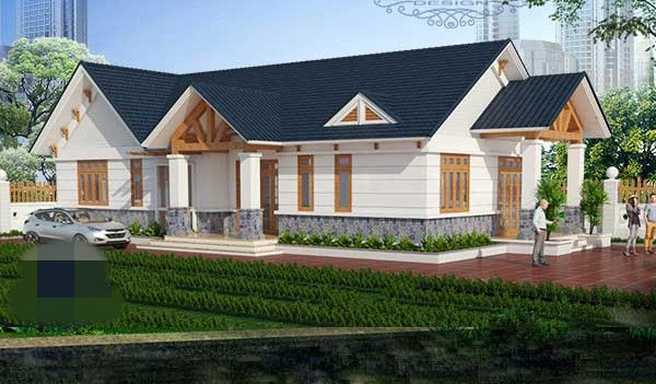 Nhà 1 tầng đầy đủ công năng cho gia đình 5 người gồm: phòng khách, phòng bếp ăn và 3 phòng ngủ. Ảnh: Arcviet.