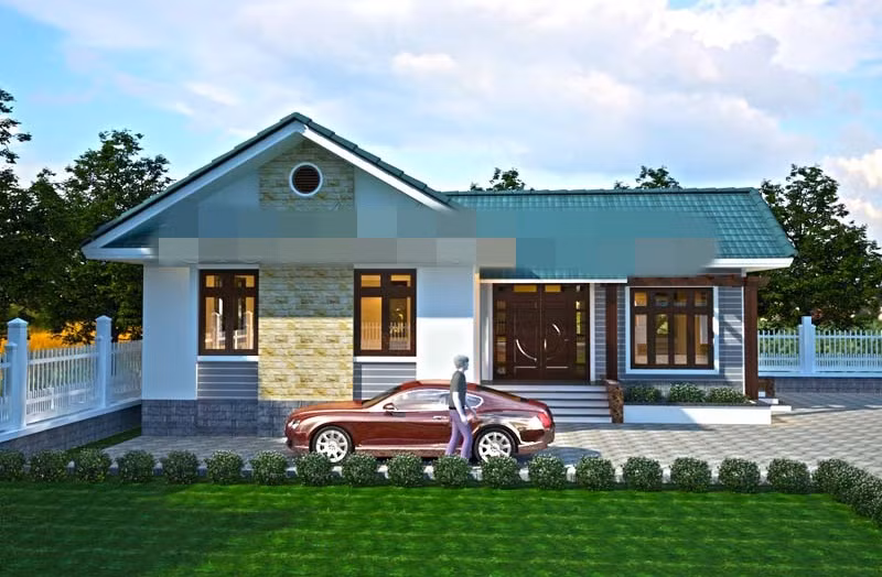 Biệt thự thiết kế 2 mái đơn giản, hình chữ L với chi phí khoảng 900 triệu đồng. Ảnh: Sieuthimaunha.