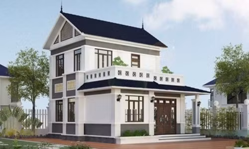 Phần mái và kiến trúc được thiết kế theo phong cách truyền thống nhưng bên ngoài có sự đổi mới khi trang trí bằng vật liệu đá. Ảnh: Thietkethicongnhadep.