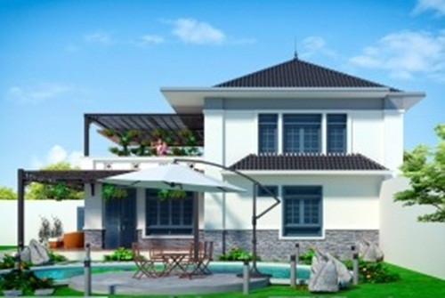 Điểm nhấn của biệt thự 2 tầng hiện đại là hàng rào xung quanh lát gạch đá và chi tiết hoa văn nổi bật. Ảnh: Kientrucadong.