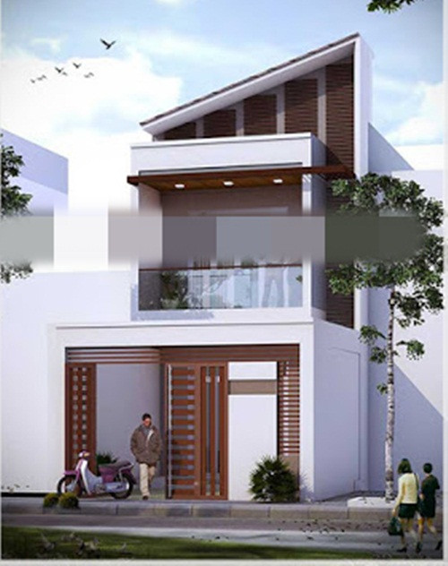 Mẫu nhà 2 tầng kiểu dáng mới lạ kết hợp mái bằng và mái dốc một bên. Ảnh: Houseland.