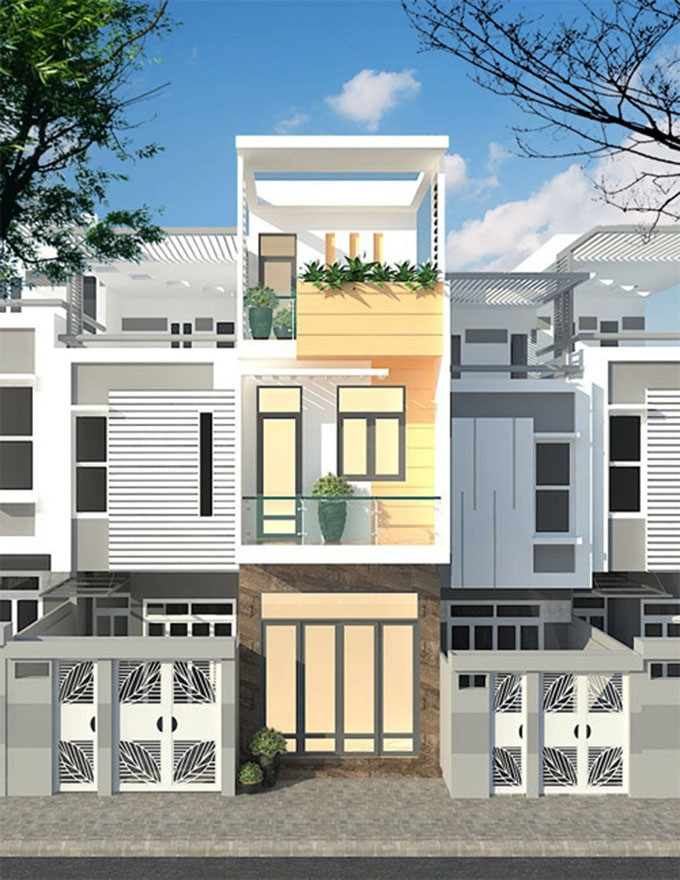 Mẫu thiết kế nhà ống đẹp 2,5 tầng 38m2 cho gia đình 4 thành viên. Tầng 1 chừa 2m làm chỗ để xe, rồi tới phòng khách, phòng ăn và bếp, sau cùng là nhà vệ sinh. Ảnh: Ktshanoi.