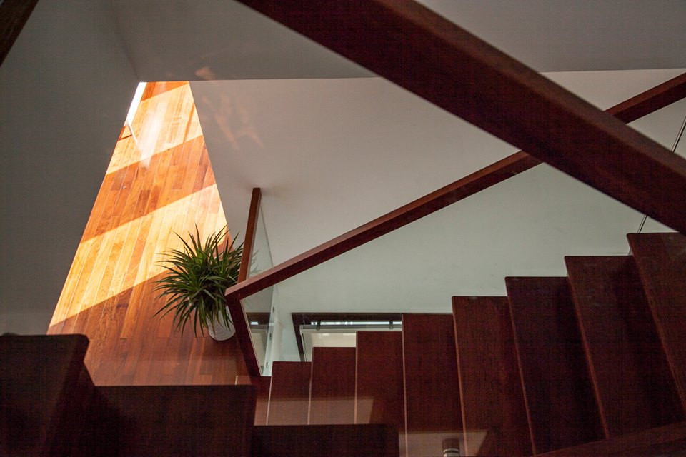 Cầu thang gỗ lan can kính vừa mộc mạc vừa hiện đại.