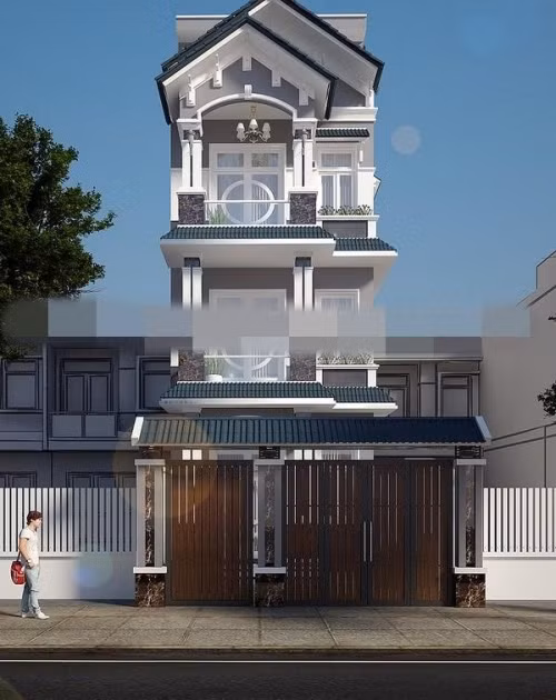  Nhà ống mái thái nổi bật với gạch ốp trang trí, lan can kính có vẻ đẹp sang trọng như biệt thự. Ảnh: Kientrucnhaviet.