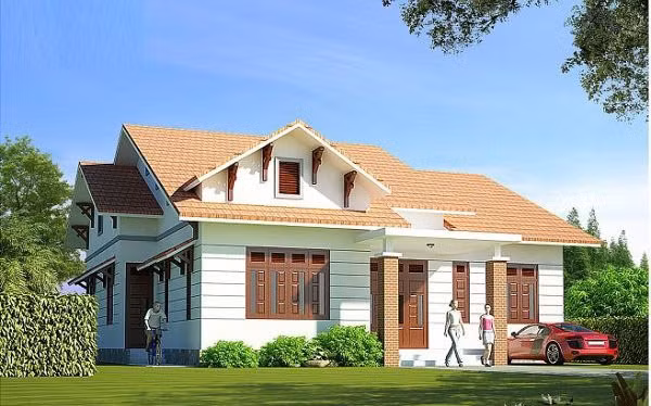 Nhà cấp 4 mái thái chia thành 3 không gian. Từ sảnh chính đi vào thẳng ra sau là không gian phòng thờ và khách. Hai bên cánh gà là thiết kế 3 phòng ngủ và phòng làm việc. Ảnh: Internet.