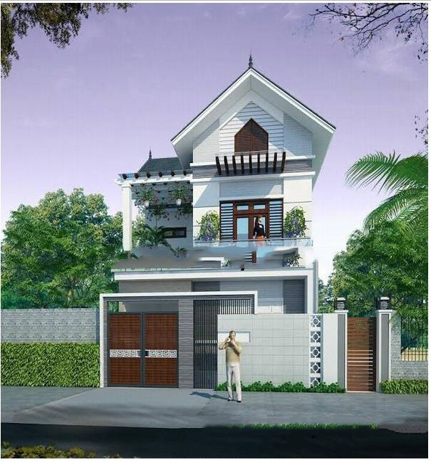 Mặt tiền công trình được thiết kế ban công khung kính cường lực màu xanh, phía trên có lam gỗ che mái cho ban công trước. Ảnh: Thietkebietthuktv.