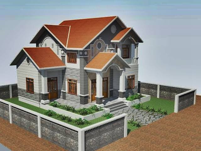 Mẫu bệt thự mái thái theo kiểu chữ L nhường lối cho chổ để xe và phía bên hông lấy sáng cùng đón gió tự nhiên. Ảnh: Kientrucsuvietnam.