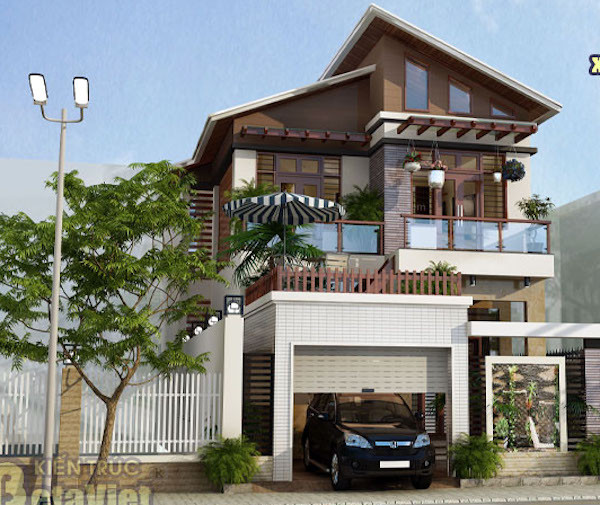 Biệt thự mái lệch với gam màu trầm sang trọng. Ảnh: Betaviet.