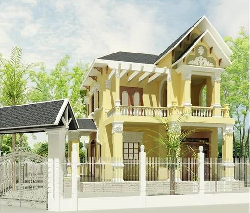 Biệt thự mini kiến trúc sân vườn, có gara ô tô. Ảnh: Thietkenhadepmoi.