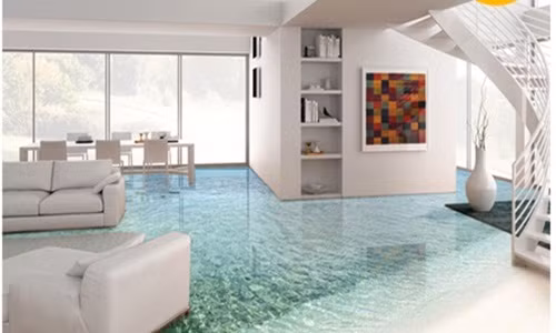 Sàn epoxy 3D với tạo hình gợn sóng lăn tăn giúp phòng khách trở nên thú vị.