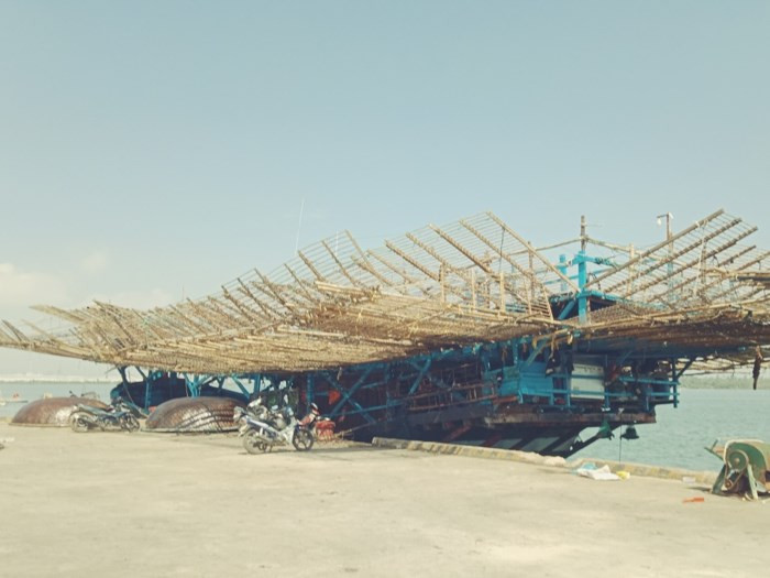 Sau khi câu được mực khơi, ngư dân xẻ mực làm sạch đem phơi khô trên giàn được lắp đặt ngay trên tàu. Ảnh: CA TPHCM.