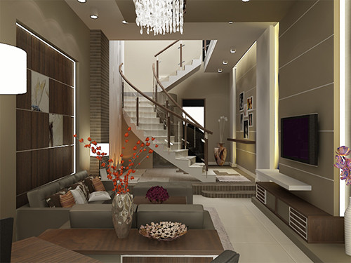 Phòng khách bán cổ điển sang trọng với sofa giản dị, đèn chùm trang trí, các bình hoa lớn. Ảnh: Dbd.