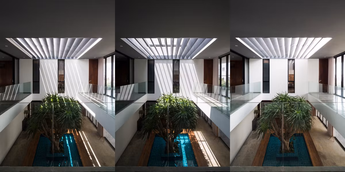 Trên mái có 2 lớp với giếng trời có thể đóng mở.