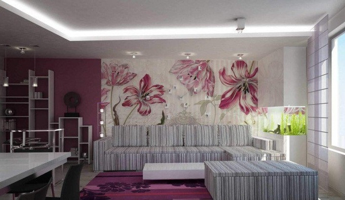 Một bức tranh dán tường họa tiết hoa ly đơn giản đủ là điểm nhấn khiến phòng khách trở nên dịu dàng sắc hương. Ảnh: Tuongdep.