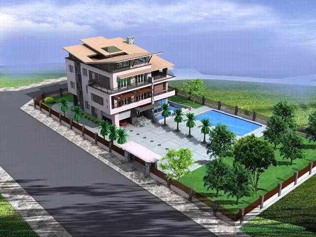 Nhà 3 tầng mái lệch có bể bơi, sân vườn rộng thoáng. Ảnh: Kientrucadong.