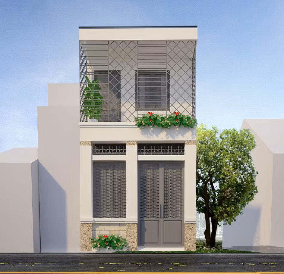 Thiết kế nhà lệch tầng đẹp 4m tận dụng tối đa các khoảng trông phía trước để lấy gió và ánh sáng. Ảnh: Ytuongnhadep.