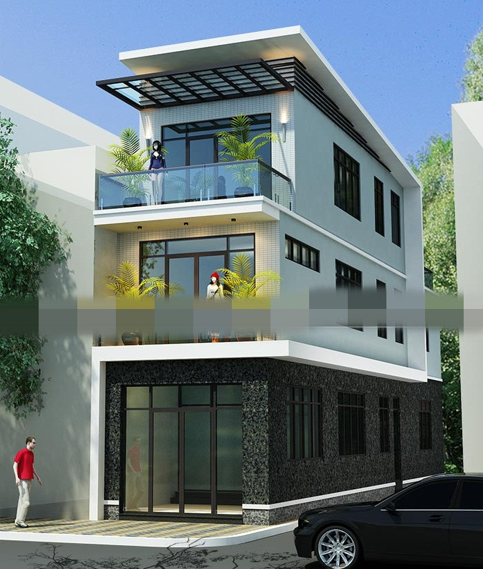 Mẫu nhà ống 3 tầng có gara ô tô được thiết kế theo phong cách hiện đại, đề cao sự đơn giản nhưng tiện nghi và sang trọng. Ảnh: Thietkenhasvg.