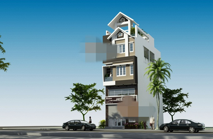 Mẫu nhà phố 4 tầng 5x12m chi phí 1,1 tỷ đồng ấn tượng với gam màu đơn giản, hình thái nhẹ nhàng, thanh thoát. Ảnh: Kientaoviet.