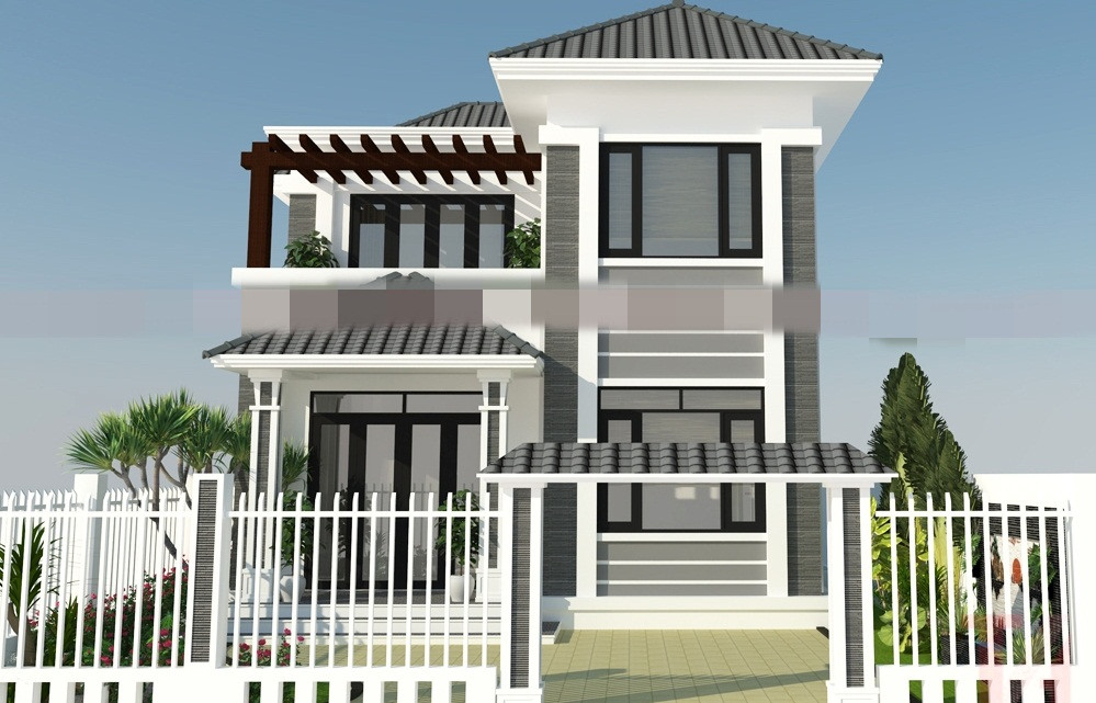 Hệ cổng và tường rào sử dụng thanh bê tông đúc sẵn, sơn màu trắng đồng bộ khiến công trình nổi bật giữa các ngôi nhà xung quanh. Ảnh: Kientructanviet.