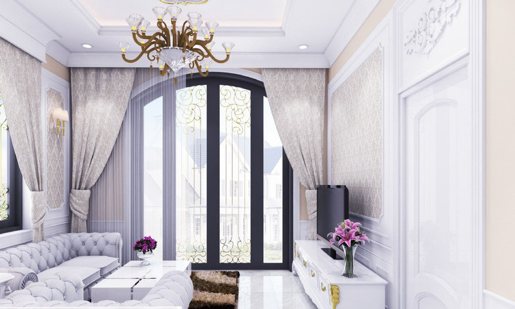 Các họa tiết trang trí màu vàng đồng, ánh kim nổi bật trên gam màu trắng chủ đạo mang đậm hơi thở cổ điển.