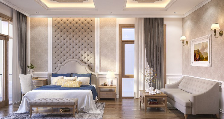 Phòng ngủ thiết kế cầu kỳ với cửa sổ kính lớn cho góc nhìn đẹp ra bên ngoài.