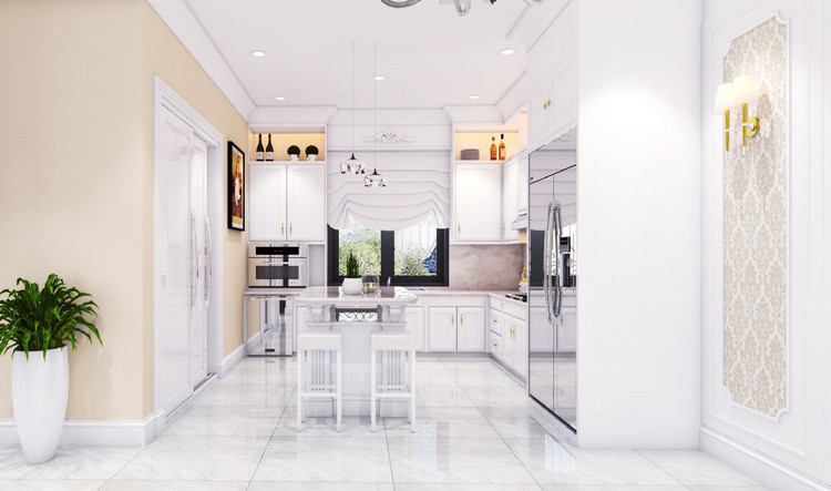 Nhà bếp hiện đại với tủ kệ âm tường.